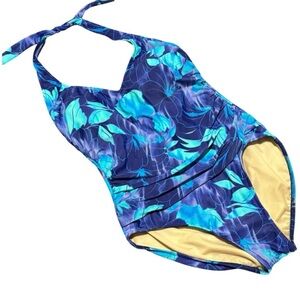VTG Carol Wior One Piece Swimsuit Halter Plus Size 16 Blue Floral Tummy Control
